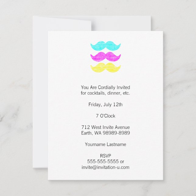 CMY Mustacher (letterpress stil) Inbjudningar (Framsida)
