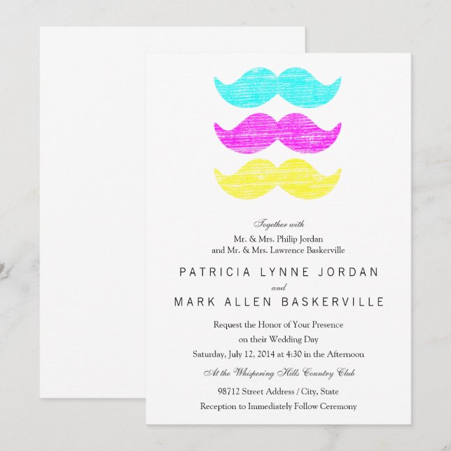 CMY Mustacher (letterpress stil) Inbjudningar (Fram/baksida)