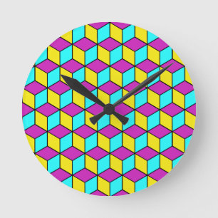 CMYK CUBE berömda kuber geometriskt mönster illusi Rund Klocka