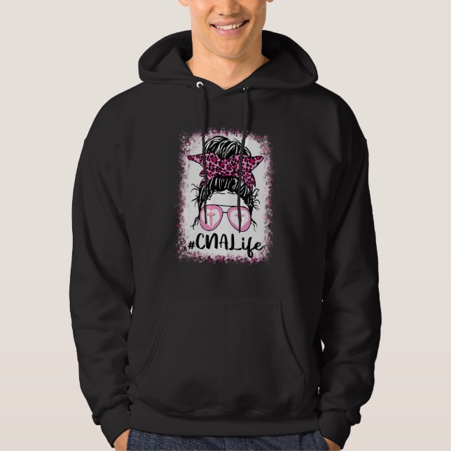 Cna Life Messy Bun Rosa Leopard Bleached Nurses D Hoodie (Framsida)