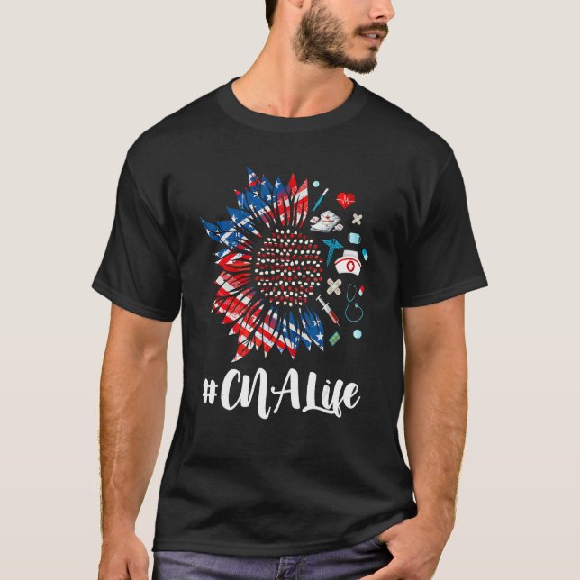 CNA Life Stethoscope Sunflower USA Flag 4th Of Jul T Shirt (Framsida)