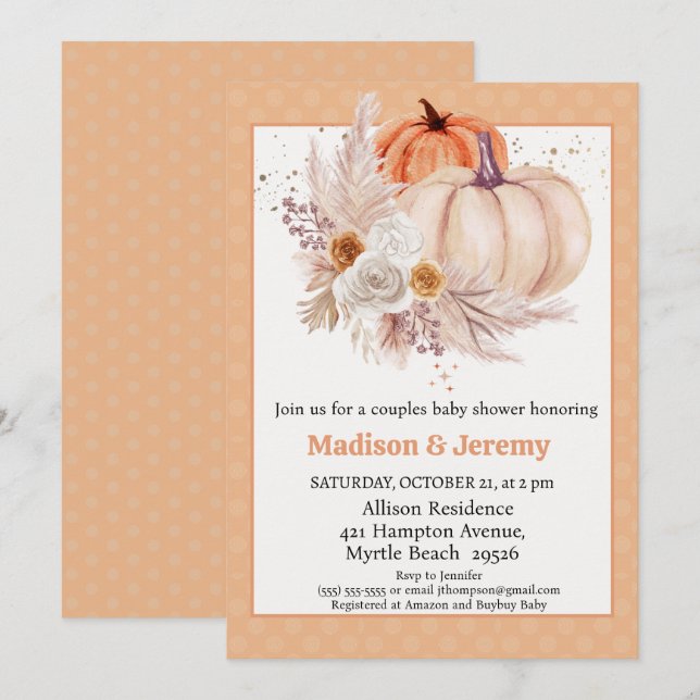 Co Ed Pumpkins Boho Gender Neutral Baby Shower Inbjudningar (Fram/baksida)