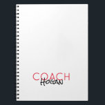 COACH NAMN anpassningsbar  red black Sports Modern Anteckningsbok<br><div class="desc">Bärbar dator med Anpassningsbar COACH i rött,  LAST NAMN i svartvitt,  svart ringar,  svart baksida. Enkel att anpassa text,  färg. Underbar Gift,  utmärkelse,  behov av en coach från Little League Thu College Sports. Enkel,  Modern Stil. Blanda och matcha hela idrotter/träning/Team Spirit Collections efter TMCdesign.</div>
