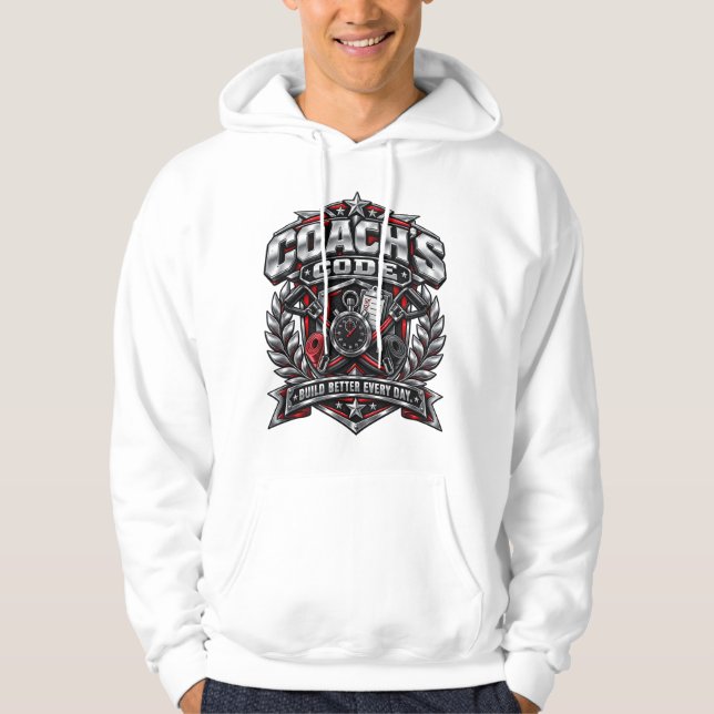 Coach's Code Metallisk Fitness-emblem Logodesign Hoodie (Framsida)