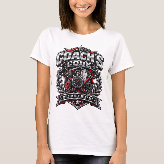 Coach's Code Metallisk Fitness-emblem Logodesign T Shirt (Framsida)