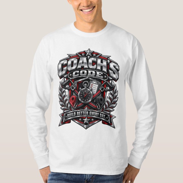 Coach's Code Metallisk Fitness-emblem Logodesign T Shirt (Framsida)