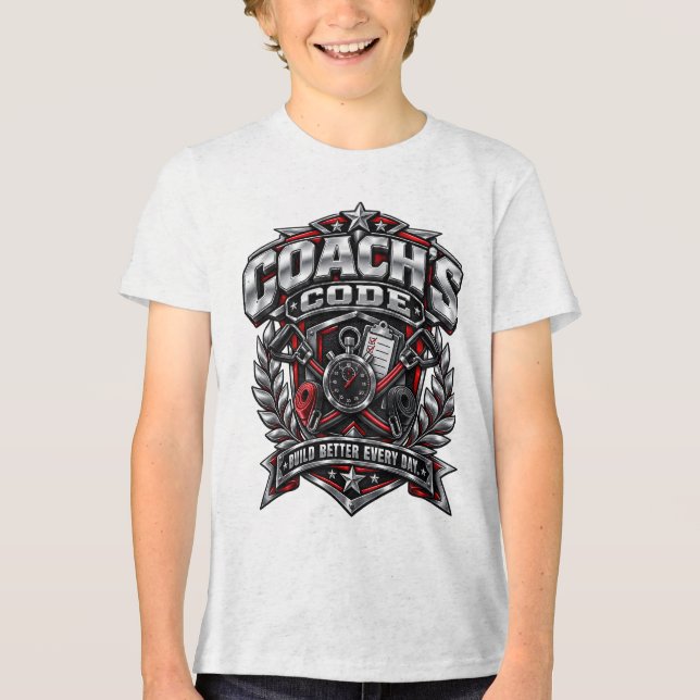 Coach's Code Metallisk Fitness-emblem Logodesign T Shirt (Framsida)