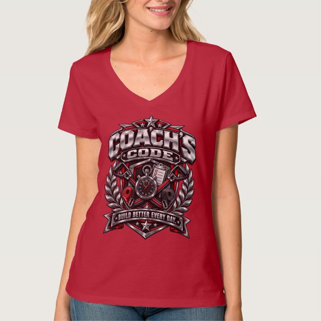 Coach's Code Metallisk Fitness-emblem Logodesign T Shirt (Framsida)