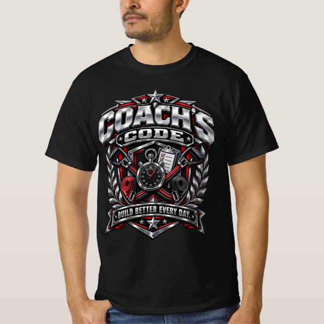 Coach's Code Metallisk Fitness-emblem Logodesign T Shirt (Framsida)