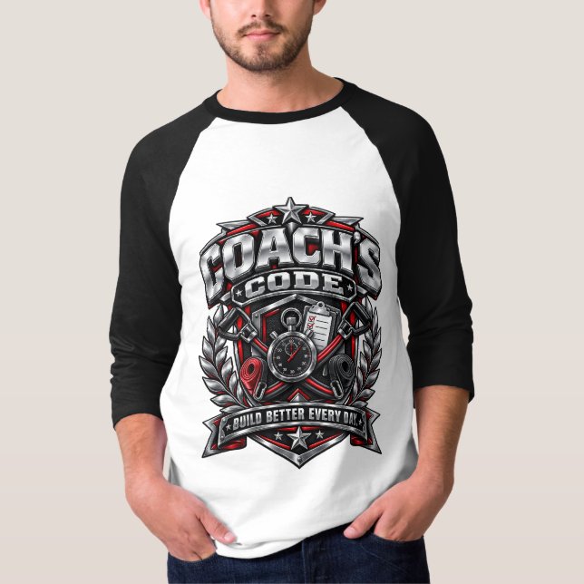 Coach's Code Metallisk Fitness-emblem Logodesign T Shirt (Framsida)