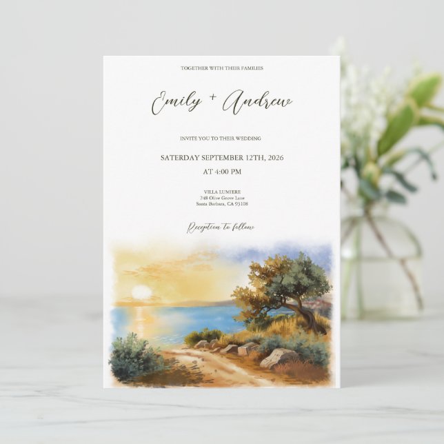 Coast Watercolor Sunset Mediterranean Half Wedding Inbjudningar (Stående Fram)