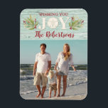Coasta Beach-julfoto Magnet<br><div class="desc">En vacker strand fick julhälsningskort med budskapet,  och önskade dig Joy inuti. Kortet är dekorerat med sanddollar,  råg och havsgräs. Anpassa den till din kustjul!</div>