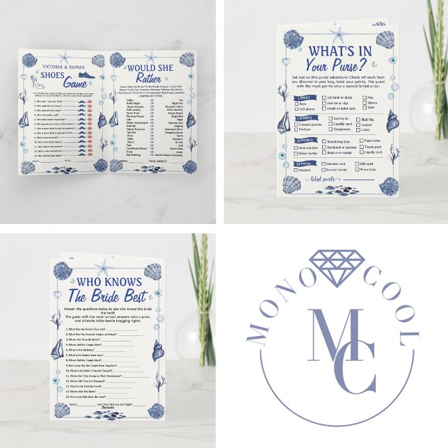Coastal All I Sea Is Love Bröllopsdusch 4 Spel Inbjudan (wedding stationery under the sea ocean beach coastal watercolor nautical tropical destination summer)