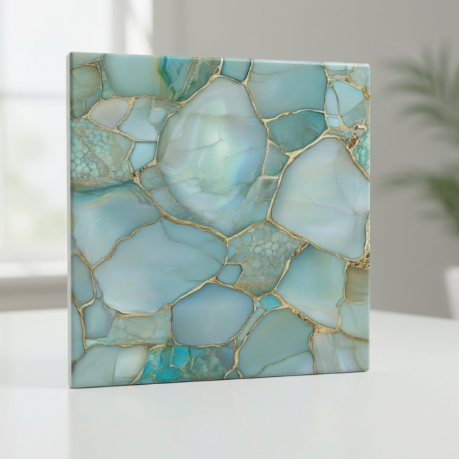 Coastal Aqua Agate Gold Mosaic Kakelplatta (Skapare uppladdad)