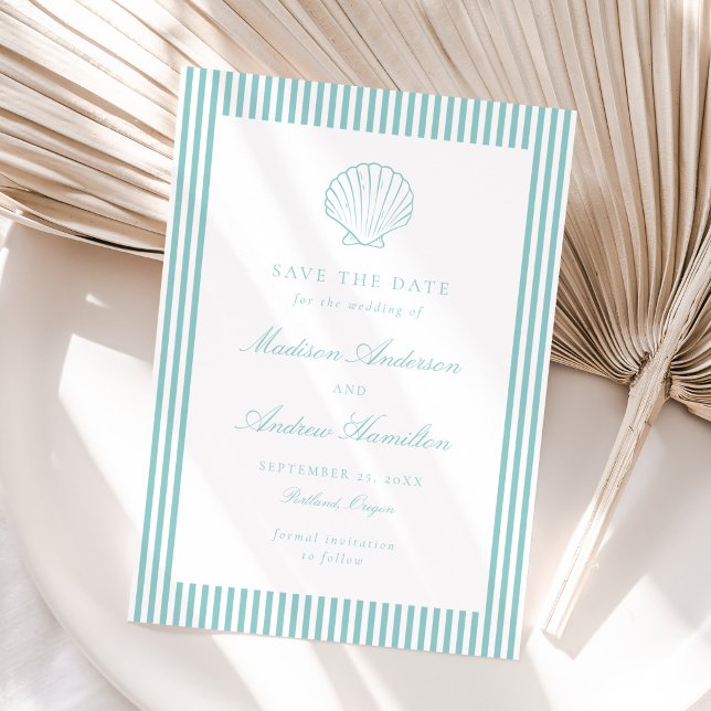 Coastal Aqua Stripe Shell Wedding Save the Date (Skapare uppladdad)