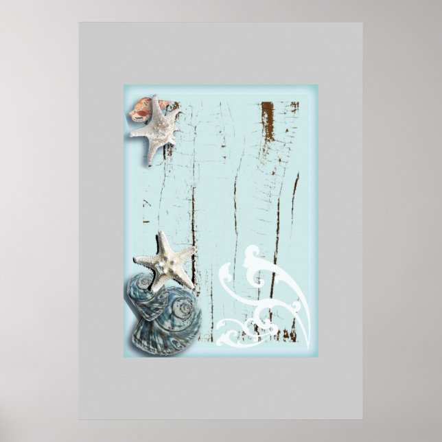 Coastal barn wood aqua blue starfish seashells poster (Framsidan)