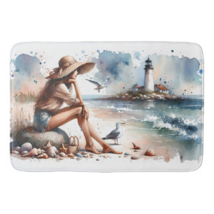 Coastal Beach Girl & Lighthouse Badrumsmatta