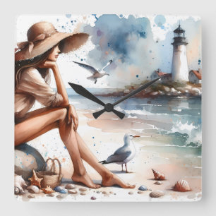 Coastal Beach Girl & Lighthouse Fyrkantig Klocka