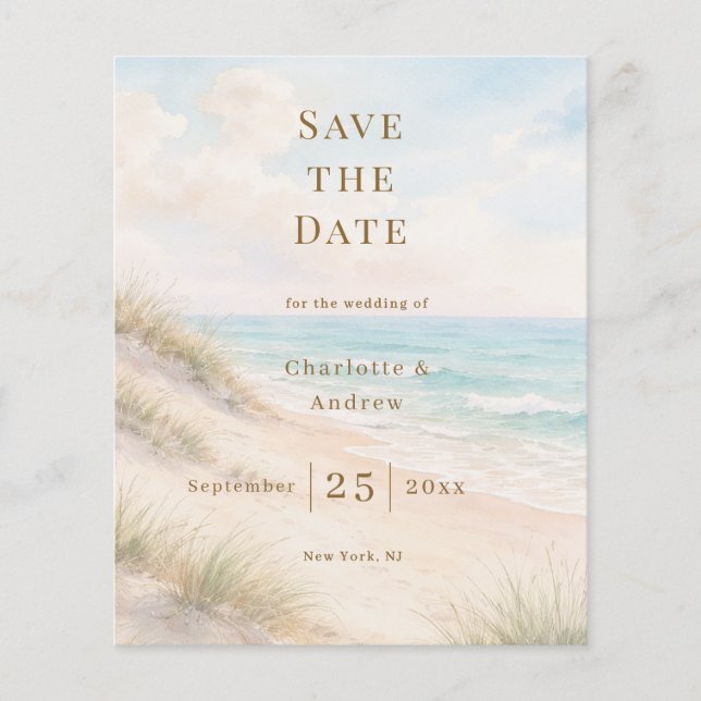 Coastal beach modern budget wedding Save the Date Flygblad (Framsidan)