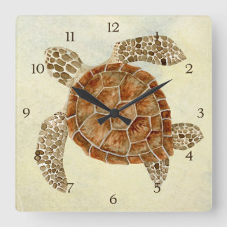 Coastal Beach Ocean Seashore Collage Sea Turtle Fyrkantig Klocka