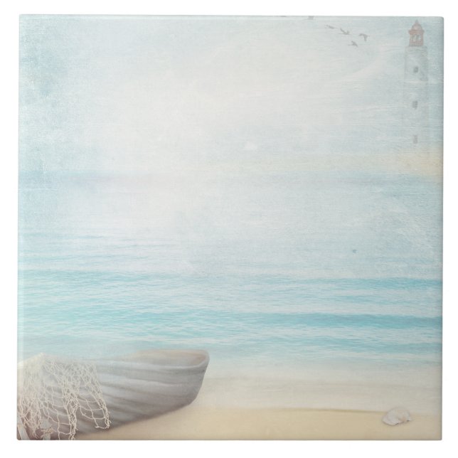Coastal Beach Scene med trärullbåt Kakelplatta (Framsidan)