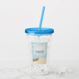 Coastal Beach Scene med trärullbåt Take Away Mugg