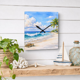 Coastal Beach Square Ocean Art Fyrkantig Klocka