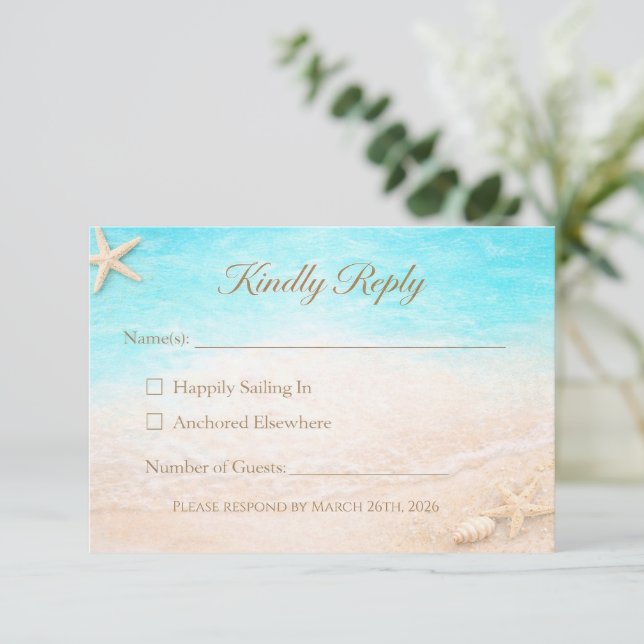 Coastal Beach Wedding RSVP Card Starfish OSA Kort (Stående Fram)