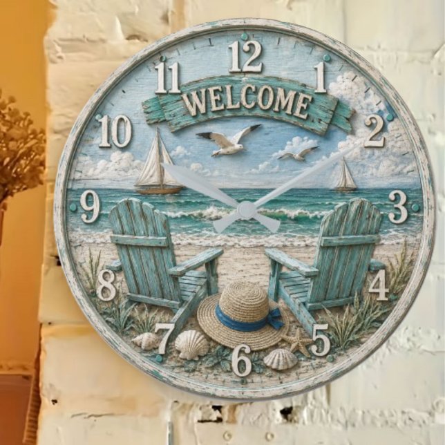 Coastal Beach Welcome Nautical Ocean Decor  Stor Klocka (Skapare uppladdad)