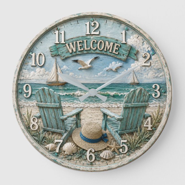Coastal Beach Welcome Nautical Ocean Decor  Stor Klocka (Framsida)