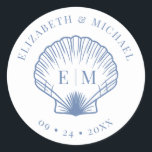 Coastal Blue Beach Shell Monogram Wedding Runt Klistermärke<br><div class="desc">These coastal blue beach scallop shell monogram wedding stickers will add the perfect finishing touch to your coastal chic wedding invitations,  favors,  and more. Please see the collection for the matching wedding invitation suite and more matching products.</div>