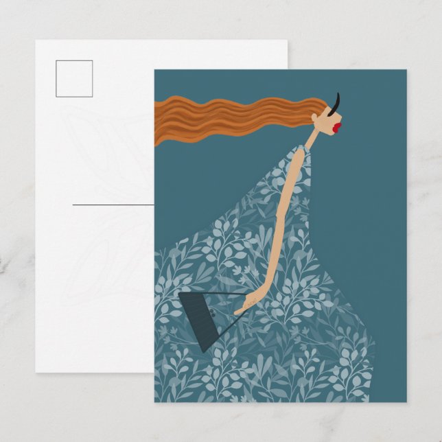 Coastal Blue Chic Feminint Mode Illustrationskonst Vykort (Fram/baksida)