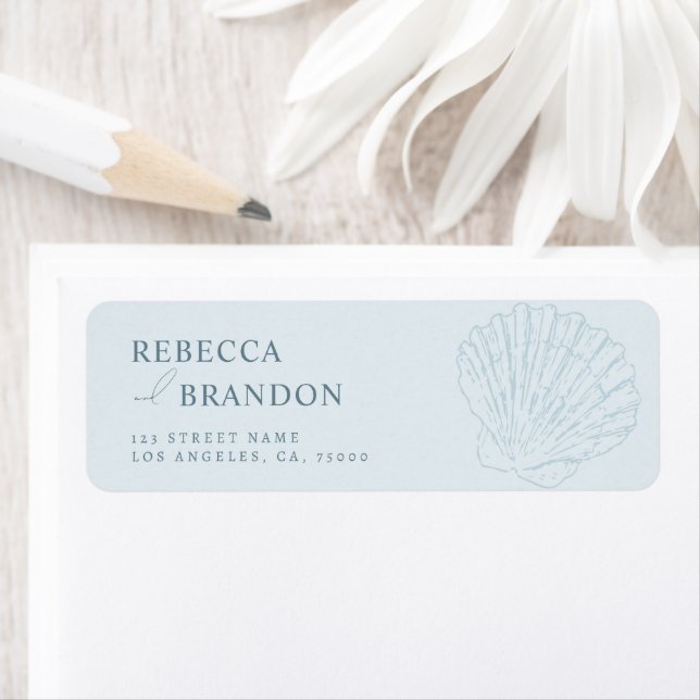 Coastal Blue Hand Drawn Seashell Wedding Address Returadress Etikett (Insitu)