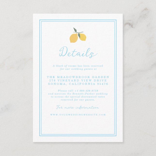 Coastal Blue Lemon Amalfi Wedding Details Card Tilläggskort (Framsida)