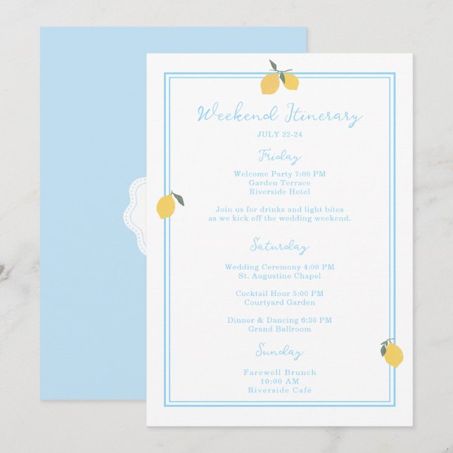 Coastal Blue Lemon Amalfi Wedding Itinerary Card Inbjudningar (Fram/baksida)