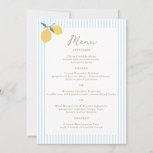 Coastal Blue Lemon Amalfi Wedding Menu Card Inbjudningar (Framsida)