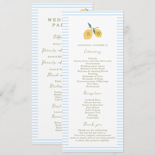 Coastal Blue Lemon Amalfi Wedding Program Card (Fram/baksida)