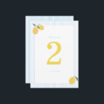 Coastal Blue Lemon Amalfi Wedding Table Number Inbjudningar<br><div class="desc">Coastal Blue Lemon Amalfi wedding table number designed for a cheerful Italian summer wedding reception. This elegant design blends Mediterranean citrus aesthetics with coastal preppy style, perfect for modern brides planning a stylish destination or seaside celebration. Pair with lemon centerpieces, blue-and-white décor, and linen table runners for a bright Amalfi-inspired...</div>