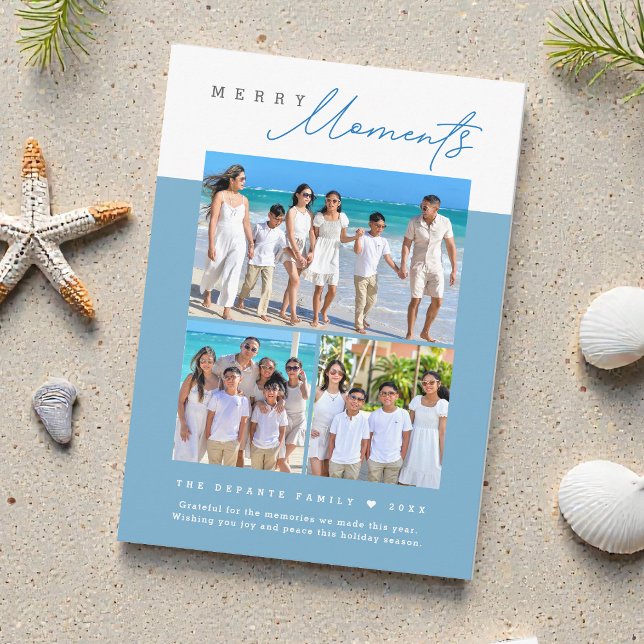 Coastal blue Merry Moments family Photo collage Julkort (Coastal blue and white Merry Moments family beach vacation Christmas card.)
