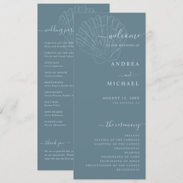Coastal Blue Nautical Hand Drawn Seashell Wedding Program (Fram/baksida)
