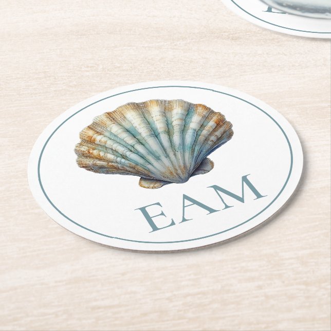 Coastal Blue Scallop Seashell Monogram Underlägg Papper Rund (Vinklad)