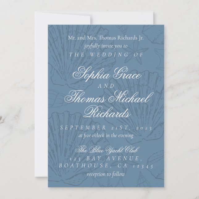 Coastal Blue Shell Destination Wedding Inbjudningar (Framsida)