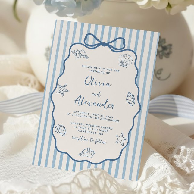 Coastal Blue Stripe Whimsical Hand Drawn Wedding Inbjudningar (Skapare uppladdad)