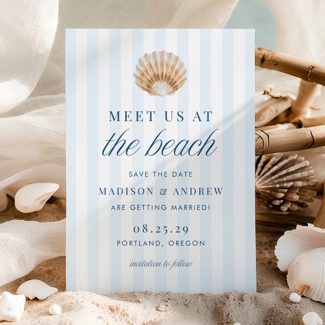 Coastal Blue Stripes Shell Beach Wedding Spara Datumet (Skapare uppladdad)
