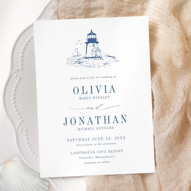 Coastal Blue Toile Lighthouse Wedding Inbjudningar (Skapare uppladdad)