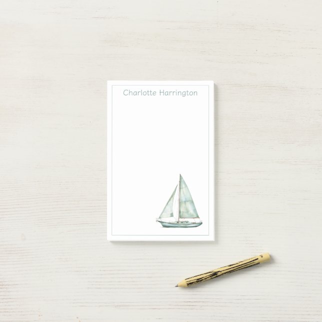 Coastal Blue Watercolor Sailboat Personalized Post-it Block (På skrivbordet)
