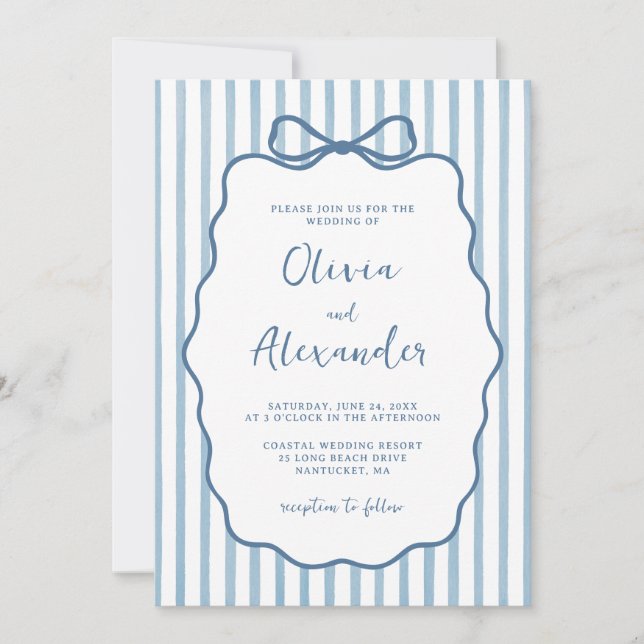 Coastal Blue Whimsical Stripe Bow Wedding Inbjudningar (Framsida)