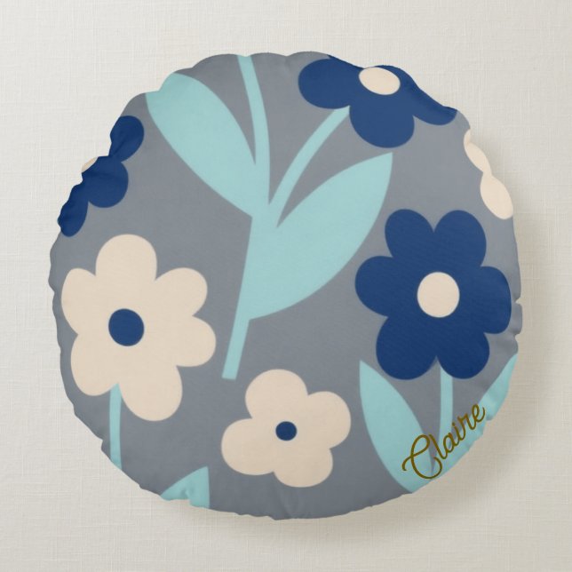 Coastal Calm Florals | Indigo & Turquoise mönster Rund Kudde (Framsidan)