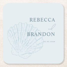 Coastal Chic Blue Hand Drawn Seashell Wedding Underlägg Papper Kvadrat
