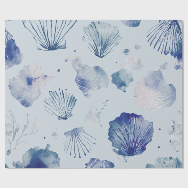 Coastal Christmas Blue Watercolor Seashells  Presentpapper (Platt)